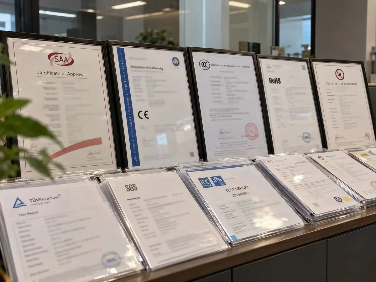 Certificados e informes de ensayo de iluminación enmarcados y expuestos en el showroom de FANXING LIGHTING en Zhongshan, China