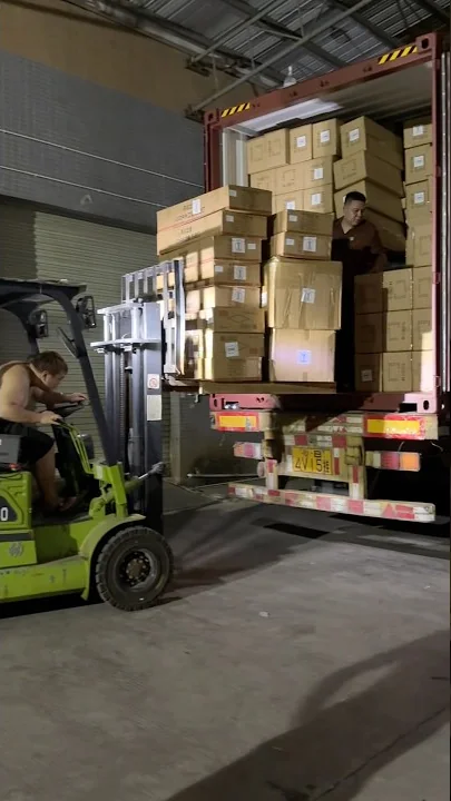 Un carrello elevatore carica cartoni di apparecchi su un camion nella fabbrica FANXING LIGHTING di Zhongshan, in Cina.